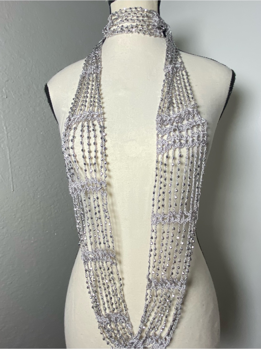 Y2K Grey Crochet Beaded Infinity Skinny Scarf